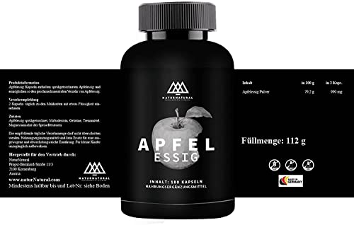 APFELESSIG | 445mg Apfelessig Pulver - 180 Stück - 3 Monate | Stoffwechselkapseln | Apfelessig-Kapseln | Ideal für Stoffwechsel Kur