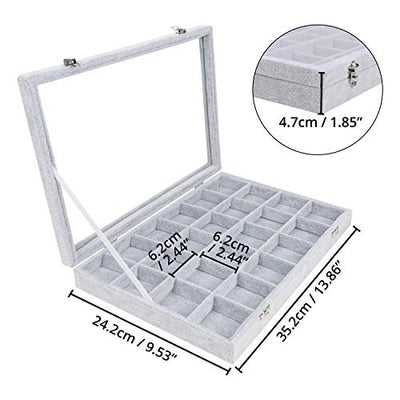 Belle Vous Jewelry Organizer Schmuckkasten Grau, Samt Box Glas Deckel & 24 Fächer – Schmuckaufbewahrung Stapelbar Schmuckschatulle Schubladen Verstellbar für Ringe, Ketten, Armband, Ohrringe, Uhren