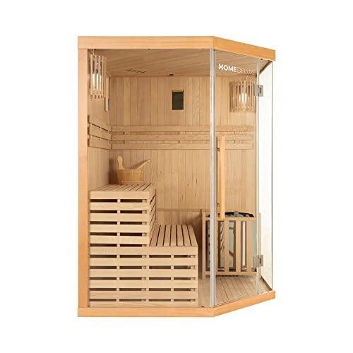 Home Deluxe - Traditionelle Sauna - Skyline XL - Maße: 150 x 150 x 200 cm - für 2-3 Personen, Hemlocktanne, inkl. Ofen, Saunazubehör I Dampfsauna Aufgusssauna Finnische Sauna