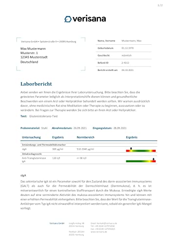 Glutenintoleranz Test & Zöliakie Test | Stuhltest auf Gluten, Zöliakie & Darmentzündung | Anti-Transglutaminase-sIgA, sekretorisches IgA | Verisana Labor