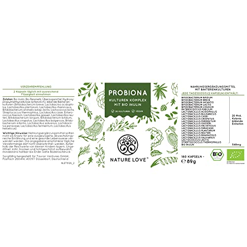 NATURE LOVE® Probiona Komplex - 20 Bakterienstämme + Bio Inulin - 180 magensaftresistente Kapseln - 2X hochdosiert: 20 Mrd KBE je Tagesdosis - Vegan, in Deutschland produziert