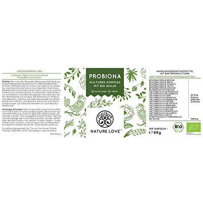 NATURE LOVE® Probiona Komplex - 20 Bakterienstämme + Bio Inulin - 180 magensaftresistente Kapseln - 2X hochdosiert: 20 Mrd KBE je Tagesdosis - Vegan, in Deutschland produziert