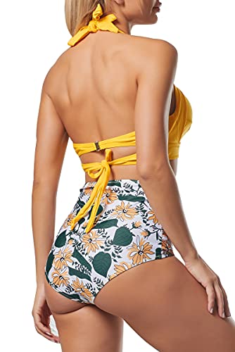 Adisputent Damen Neckholder Bikini Set Push Up Badeanzug Vintage Bikinioberteil und High Waist Bikinihose Sexy Bedruckt Zweiteiliger Strandkleidung(Gelb Blumen, XL)