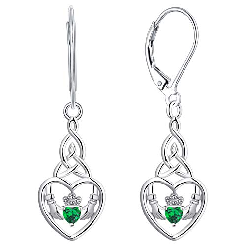 JO WISDOM Damen Hängende Ohrringe Claddagh Herz Silber 925 mit 3A Zirkonia Kristall Mai Geburtsstein Smaragd Farbe,Ohrhänger Keltische Knoten,Schmuck für Frauen