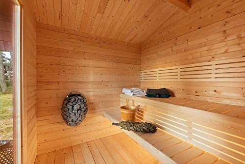 Polhus Gartensauna aus Holz Vinja, Outdoor-Sauna modern mit 2 Räumen für 4 Personen, Außensauna Garten mit Panoramafenster aus Isolierglas, Saunahaus 454 x 377 x 274 cm, naturbelassen