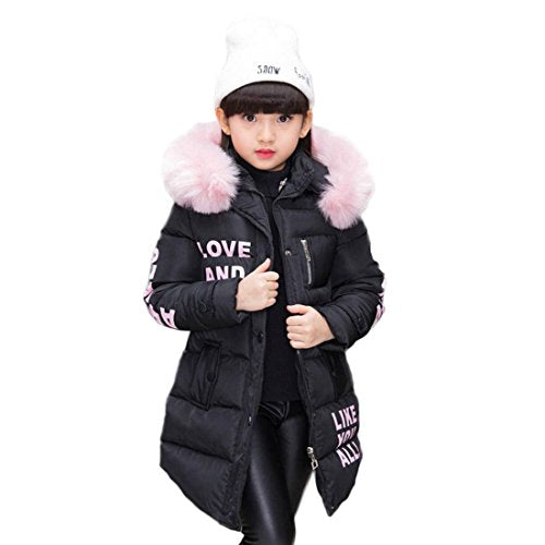 AKAUFENG Mantel Mädchen mit Fellkapuze Lang, Winterjacke Girl mit Pelzmütze Oberbekleidung Kinderjacke (Schwarz, 140)