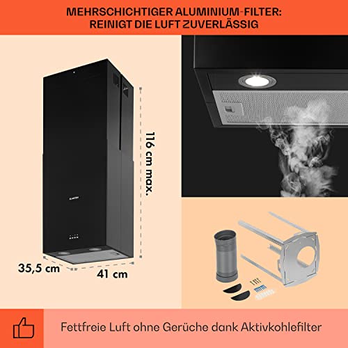 Klarstein Structura - Inselabzugshaube, EEK: A, Abluft/Umluft, 3 Stufen, Luftumwälzung: 641 m³/h max, 41 x 35,5 cm, LED-Beleuchtung, optionale Ausstattung mit Aktivkohlefiltern, Edelstahl, schwarz