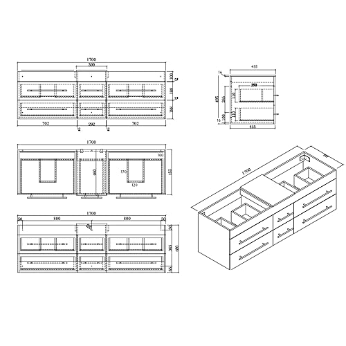 Lomadox Badezimmer Möbel Set anthrazit Seidenglanz im Landhaus Stil inkl. Keramik Waschbecken, B/H/T: ca. 267/200/46,8 cm