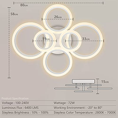 RUYI Modern LED Deckenleuchte Dimmbar mit Fernbedienung 6-Ring Deckenleuchte 72W 6400LM, Deckenlampe für Wohnzimmer, Schlafzimmer, Küche, Flur, Balkon, Esszimmer, Weiß, 2700-7000K…