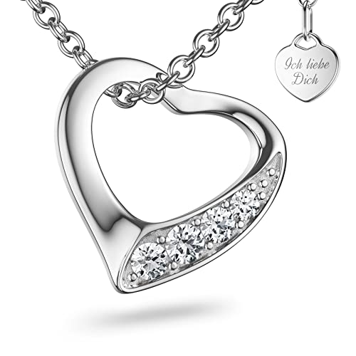 Amoonic Damen Herzkette *Heartbeat* aus 925er Silber mit Zirkoniasteinen I Eine Halskette für Ihre Liebe | Kostbares *Ich Liebe Dich* Geschenk