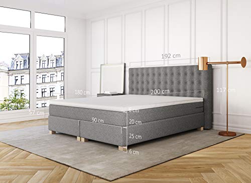 Betten Jumbo King Slim Boxspringbett 180x200 cm 7-Zonen TFK Härtegrad H4 und Visco-Topper | Farbe Grau | div. Größen verfügbar