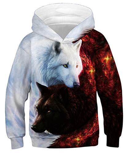 Goodstoworld Pullover Mädchen Pulli Jungen Hoodie Sweatshirt Kinder Kapuzenshirt Roter Wolf Kinder Pulli Kapuzenshirt Hoodies 14-16 Jahre