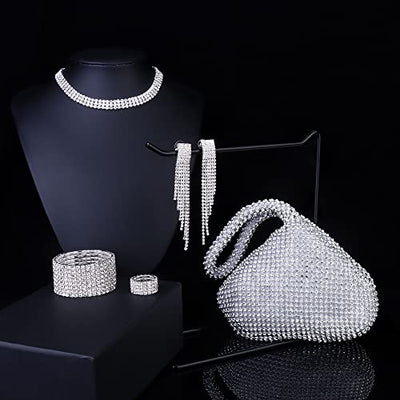 Kakonia 6 Stück Hochzeit Schmuckset für Damen Kristall Braut Halskette Vintage Strass Tasche Ohrringe und Armband Set Hochzeit Verlobung Braut Brautjungfer Dirndl Party Geschenk Schmuck