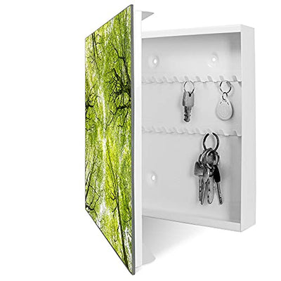 banjado® Großer Schlüsselkasten aus Glas - Schlüsselbox 30cm x 30cm mit 50 Haken - Motiv Zwischen Bäumen - Schlüsselschrank für Schlüsselaufbewahrung mit beschreibbarer Glastür als Magnettafel nutzbar