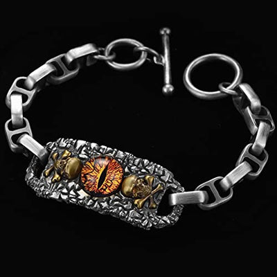 Zonesbo Devil's Eye Set Silber Halskette Hip Hop Punk Glas eingelegtes Anhänger mit Kettenöffnung Verstellbarer Ring Vintage Schädelarmband Paar Schmuck Geschenk,Bracelet 20cm