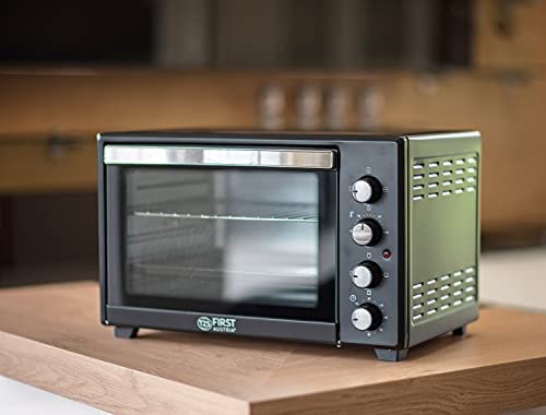 TZS First Austria Minibackofen, 2000 Watt, 60L, mit Innenbeleuchtung, Umluft-Funktion, Drehspieß für 2 Hühnchen, Mini Pizzaofen, herausnehmbares Krümelblech