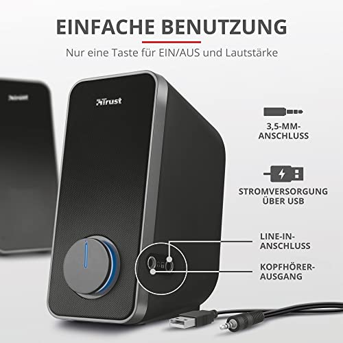 Trust Arys 2.0 PC Lautsprecher Set, 28 Watt, 3,5 mm AUX Klinke, Boxen mit USB-Stromversorgung, Lautsprecher für PC, Laptop, Computer, Tablet und Smartphone - Schwarz