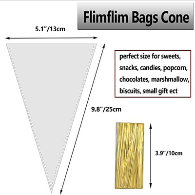 Flimflim Candy Bar Tüten Reißfest mit Kabelbinder, Süßigkeiten Tüten Candybar Cone Cellophantüten Bonbons, 13X25cm Durchsichtig Geschenktüten für Hochzeit Kindergeburtstag Party 100 Stk