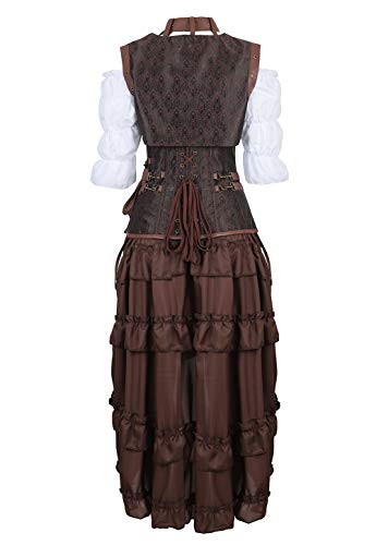 Grebrafan Steampunk Kunstleder Korsett Corsage Kostüm mit Pirat Spitzenrock und Bluse - für Karneval Fasching Halloween (EUR(48-50) 6XL, Braun)