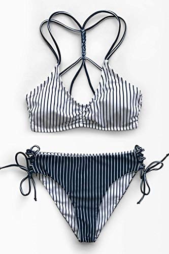 CUPSHE Damen Bikini Set mit geflochtenen Trägern Hinten Gestreifte Bademode Wende-Slip Zweiteiliger Badeanzug Weiß XL