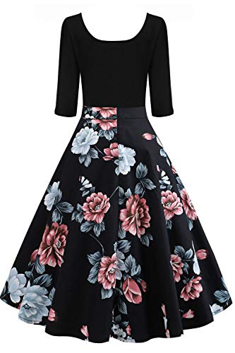 AXOE Damen Rockabilly Kleid Langarm 60er Jahre mit Blumenmuster Partykleid Farbe 6B, Gr.36, S