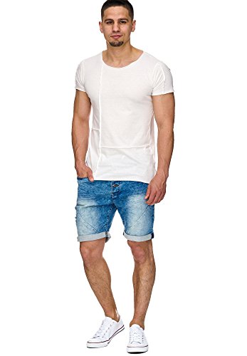 Indicode Herren Piano Sweatshorts mit 5 Taschen aus 82% Baumwolle | Kurze Hose Used-Look Shorts Denim-Optik Short Sweat Pants Washed Destroyed Jeans-Look Freizeithose für Männer Denim Blue L