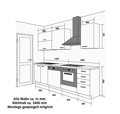 Küche Bianca Basic II 240 Küchenzeile Glanz Grau Küchenblock Einbauküche Grey