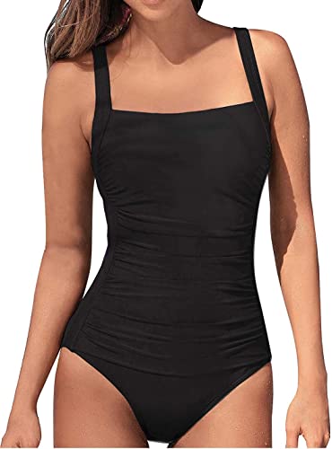 Brosloth Damen Badeanzug Badeanzüge Einteilige Bauchweg Bademode Swimsuit One Piece Push Up Badeanzüge Plus Size Badebekleidung Farbe: Schwarz Groesse:L