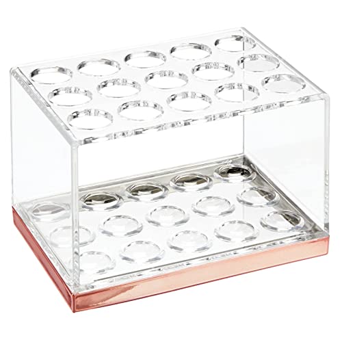 mDesign praktischer Kosmetik Organizer – dekorative Kosmetik Aufbewahrungsbox für Wimperntusche und Lippenstift – Ablage mit 15 Fächern zur Schminkaufbewahrung – durchsichtig und rotgold