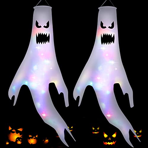 Mokot Halloween Deko Outdoor, 120CM Halloween Geist Dekoration Garten mit Led Lichterkette, Halloween Windsäcke Flagge hängen Ghost für Party Horror - 2 Stück