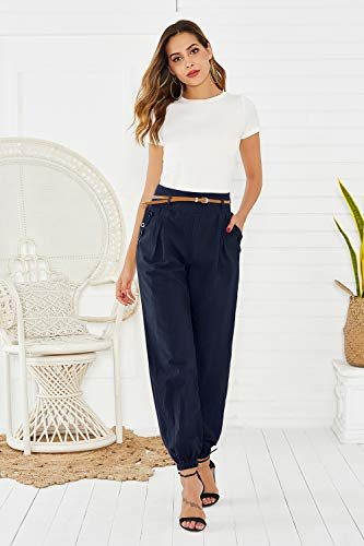 Cindeyar Damen Haremshose Elegant Pumphose Lange Leinen Hose mit Gürtel Aladin Pants (S, Dunkelblau)