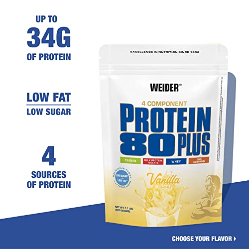 WEIDER Protein 80 Plus Mehrkomponenten Protein, Vanille, Eiweißpulver für cremige, unverschämt leckere Eiweißshakes, Kombination aus Whey, Casein, Milchprotein-Isolat und Ei, Fett- & Zuckerarm