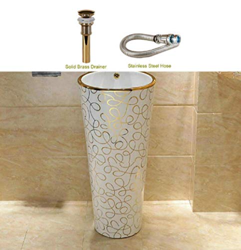 YYZD® Keramik Waschbecken Mosaik Gold stilvolle runde Sockel Waschbecken Keramik Waschbecken mit Ständer Sockel Waschbecken mit Überlauf