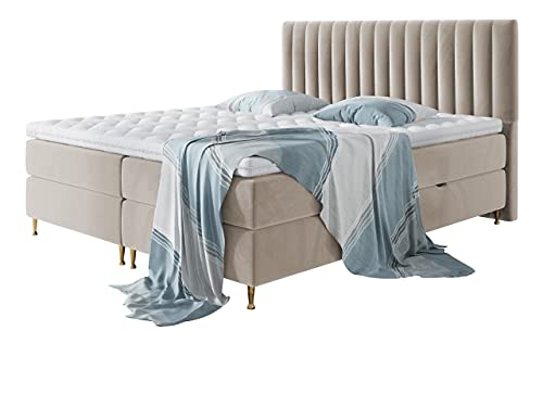 Boxspringbett Nerpa, Doppelbett mit Topper und Matratze, Polsterbett mit 2 Bettkästen + Gasdruckfedern, Bett mit Kopfteil, Bettgestell für Schlafzimmer (Fresh 01, 160 x 200 cm)