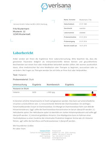 Histamin-Intoleranz Test & -Unverträglichkeit Labortest | Stuhltest | Histaminwert bestimmen | Feststellung von Ursachen allergischer Reaktion wie Durchfall und Übelkeit | Verisana