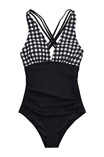 CUPSHE Damen Badeanzug V Ausschnitt Kreuz Rückseite Bauchweg Strandmode Einteiler Swimsuit,Schwarz,L