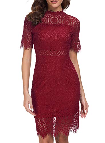 Zalalus Damen Elegant High Neck Kurzarm Spitze Cocktail Party Kleid - Rot - 38