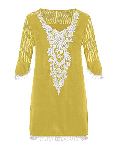 SEBOWEL Damen Strandkleid Strandponcho Sommer Bademode Bikini Cover Up Kurz Strandtunika Strand Hemdkleid Tunika Shirt (L, Gelb)