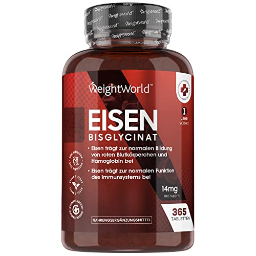 Eisen Tabletten - 365 vegane Eisentabletten für 1 Jahr Vorrat - Gut verträgliches Eisenbisglycinat in jeder Tablette - Wichtiges Spurenelement & Hohe Bioverfügbarkeit - Iron Tablets - WeightWorld