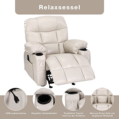 Fantasylab Relaxsessel mit Liegefunktion Fernsehsessel Massagefunktion Wärmefunktion und Vibration Lounge Chair für Wohnzimmer mit Seitentasche, 2 Getränkehalter, USB-Ladeanschluss, Liegefunktion 150°