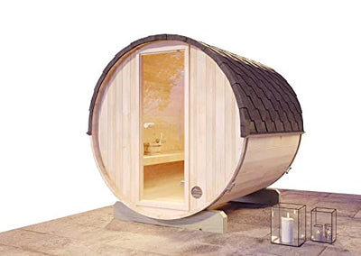 FinnTherm Fass-Sauna Mini S, 194 x 220 x 194 cm Gartensauna, Outdoor Sauna mit 42 mm Wandstärke, inkl. Montagematerial, Glastür aus Sicherheitsglas, 4 Personen, inkl. Dachschindeln, Außensauna