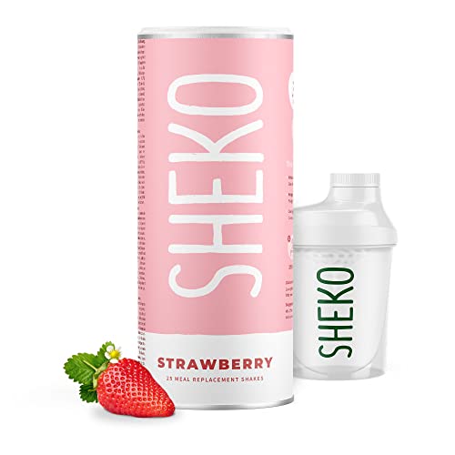 SHEKO Erdbeere Mahlzeitersatz Shake + Shaker - 25 Shakes pro Dose - Proteinreich, Glutenfrei & Natürlicher Geschmack - Diät Shakes zum Abnehmen