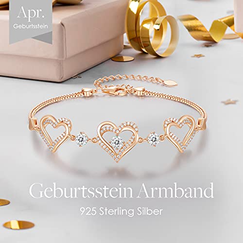 CDE Armbänder für Damen 925 Sterling Silber Herz Rosegold Geburtsstein Armband Geschenk Schmuck für Frauen mit 5A Kubik Zirkonia Geburtstag Weihnachts (Rosegold - April)