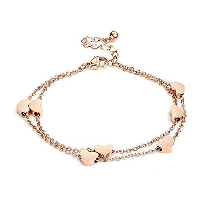 Crazy-m Rosegold Herzen Damen Armband Layered Armband mit Herz Anhängern Doppelt Kette Armband für Frauen Armkette Edelstahl Bracelet aus Titan