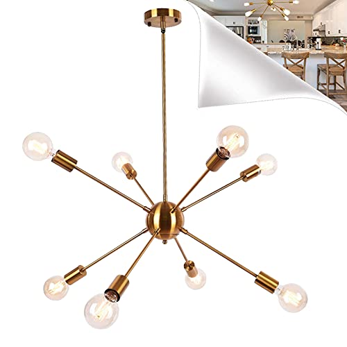 Himaugbo Sputnik Lampe Kronleuchter，Sputnik HäNgelampe Gold 8-Flammig ，25-100cm HöHenverstellbar Retro Deckenlampe 180°-Drehung füR Esszimmer, Schlafzimmer, Wohnzimmer und Flur