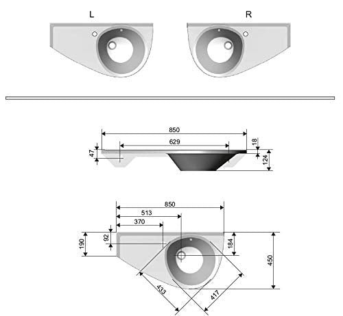 Praktisches Eckwaschbecken | Waschbecken zur Wandmontage mit Hahnloch und Überlauf | Hängewaschbecken | Waschtisch Avocado 850 x 450 Links | RAVAK