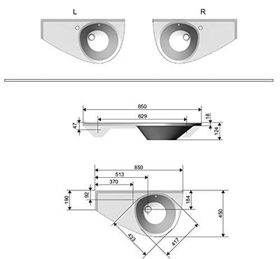 Praktisches Eckwaschbecken | Waschbecken zur Wandmontage mit Hahnloch und Überlauf | Hängewaschbecken | Waschtisch Avocado 850 x 450 Links | RAVAK