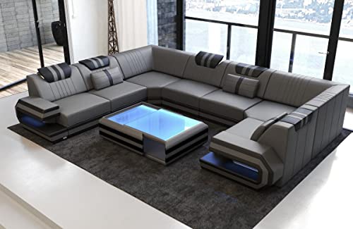 Sofa Wohnlandschaft Ragusa Ledersofa U Form - mit LED Beleuchtung, verstellbare Kopfstützen/Lederfarben wählbar/Ausrichtung wählbar (Lange Seite Links, Grau-Schwarz)