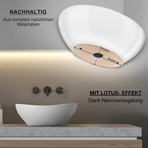 VMbathrooms Premium Waschbecken Oval mit Lotus-Effekt | Aufsatzwaschbecken für das Badezimmer und Gäste-WC | Waschschale ohne Hahnloch und ohne Überlauf | Rein-weißes Aufsatzbecken