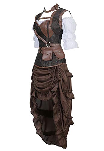 Grebrafan Steampunk Kunstleder Korsett Corsage Kostüm mit Pirat Spitzenrock und Bluse - für Karneval Fasching Halloween (EUR(48-50) 6XL, Braun)